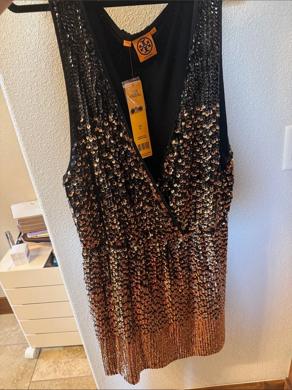 Tory Burch Black and Gold Ombre Sequin V-Neck Mini Dress with tag.